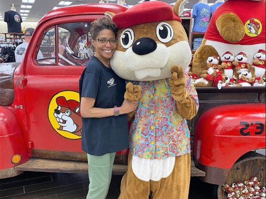 4. Buc-ee’s mascot, a buck-toothed beaver (after the “Beaver” founder) poses with a patron.